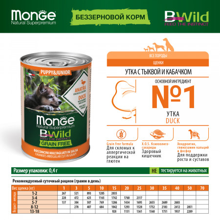 Monge Dog BWild GRAIN FREE Puppy&Junior беззерновые консервы из утки с тыквой и кабачками для щенков всех пород 400г
