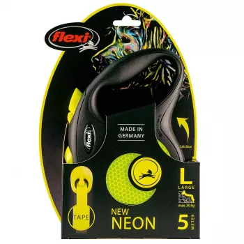 flexi рулетка New Neon Classic L (до 50 кг) лента 5 м, светоотражающая, желтый неон