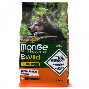 Monge Dog BWild GRAIN FREE беззерновой корм из мяса утки с картофелем для щенков всех пород 2,5 кг