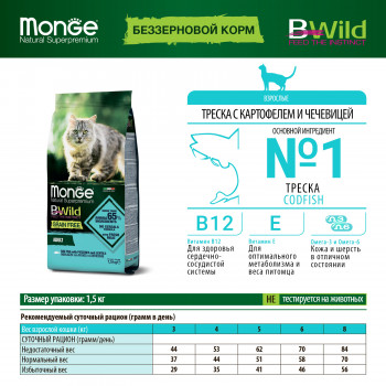 Monge Cat BWild GRAIN FREE беззерновой корм из трески для взрослых кошек 1,5 кг