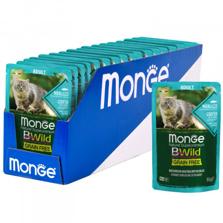Monge Cat BWild GRAIN FREE паучи из трески с креветками и овощами для взрослых кошек 85г