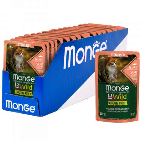 Monge Cat BWild GRAIN FREE паучи из лосося с креветками и овощами для стерилизованных кошек 85г