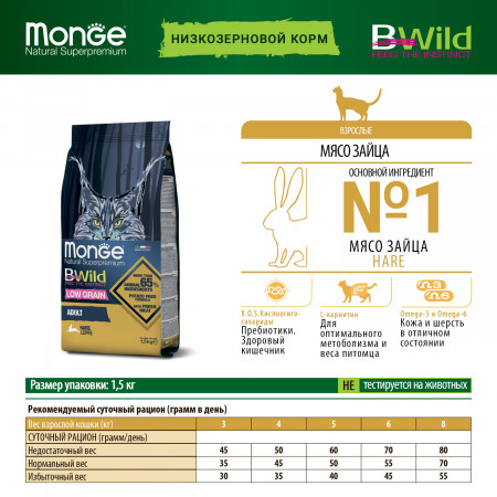 Monge Cat BWild LOW GRAIN низкозерновой корм из мяса зайца для взрослых кошек 1,5 кг