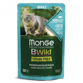 Monge Cat BWild GRAIN FREE паучи из трески с креветками и овощами для взрослых кошек 85г