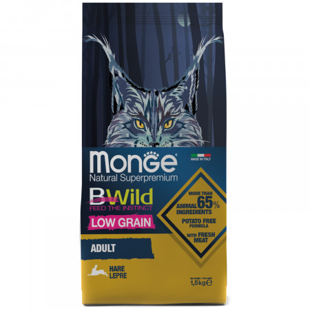 Monge Cat BWild LOW GRAIN низкозерновой корм из мяса зайца для взрослых кошек 1,5 кг
