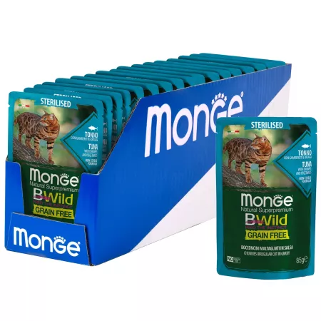 Monge Cat BWild GRAIN FREE паучи из тунца с креветками и овощами для стерилизованных кошек 85г